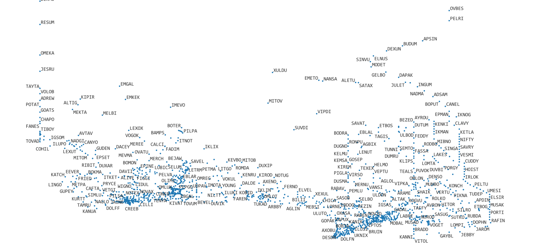a map of points with five-letter names