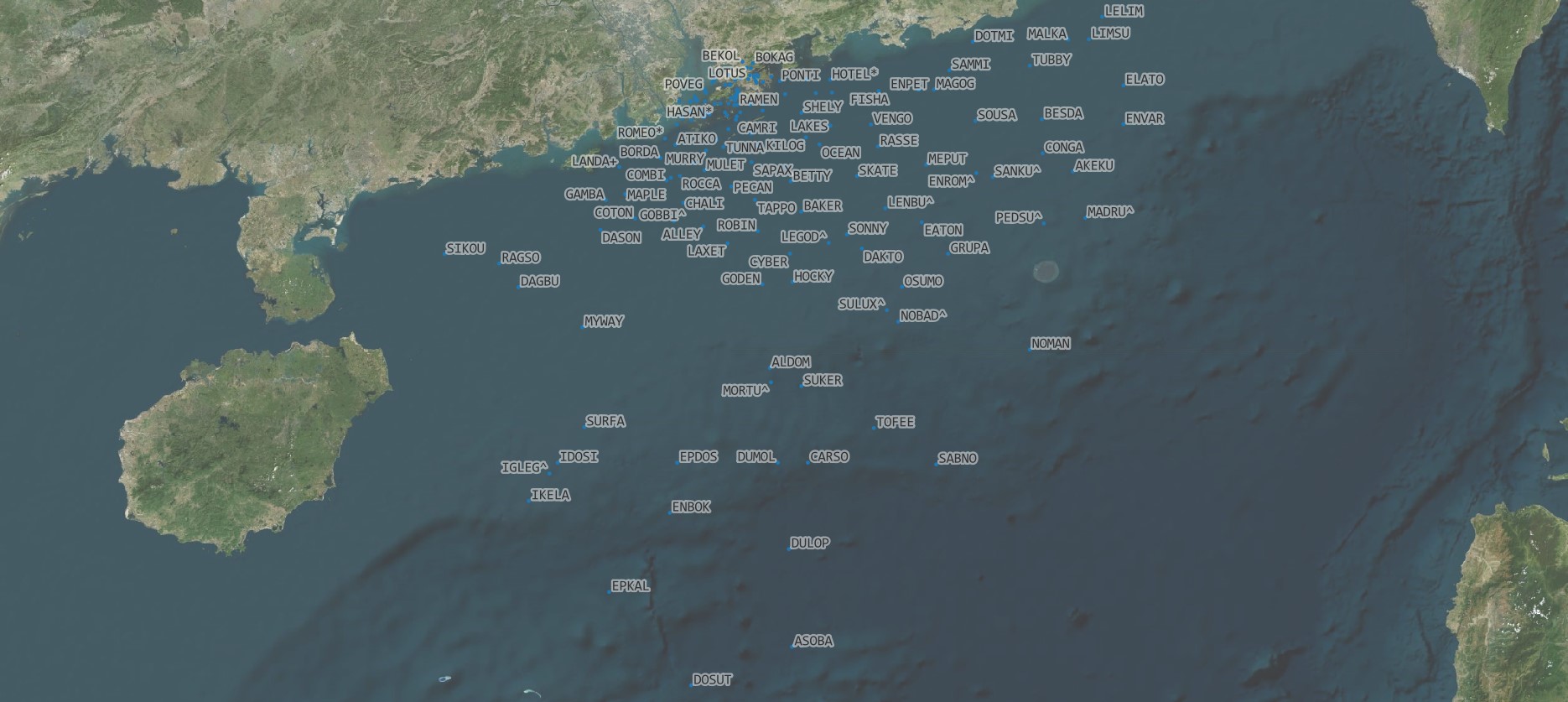 points with five-letter names overlaid on satellite imagery